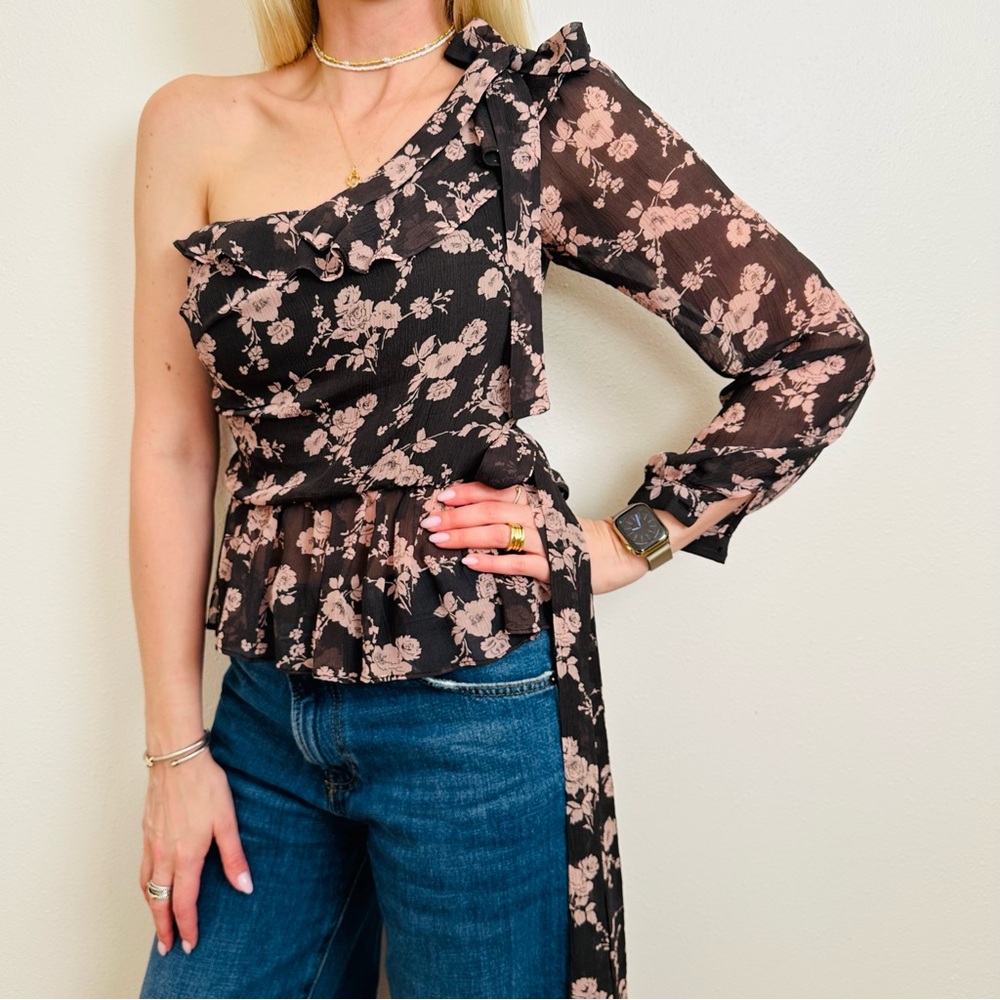 For Love & Lemons Theo Floral One Shoulder Blouse Top